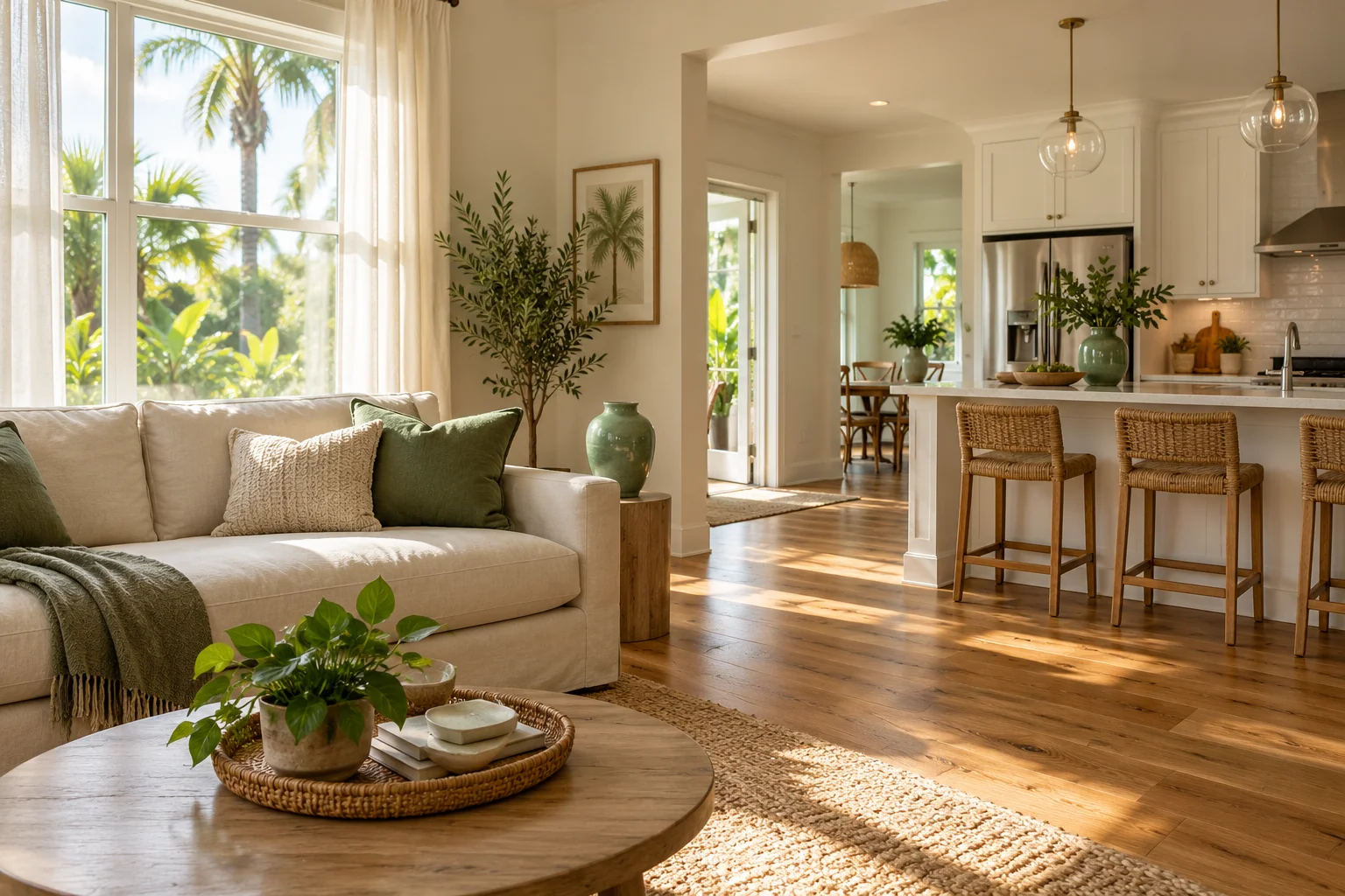 Sunlight across a calm living room and kitchen, a home inspiration scene